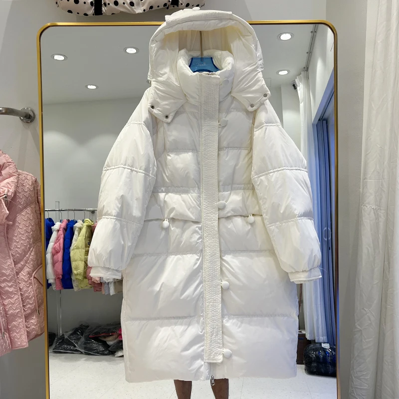 

2024 Winter Womens White Duck Down Coat Female Hooded Drawstring Zipper Jackets Casual Loose Thick Warm Puffer Parka Outwear