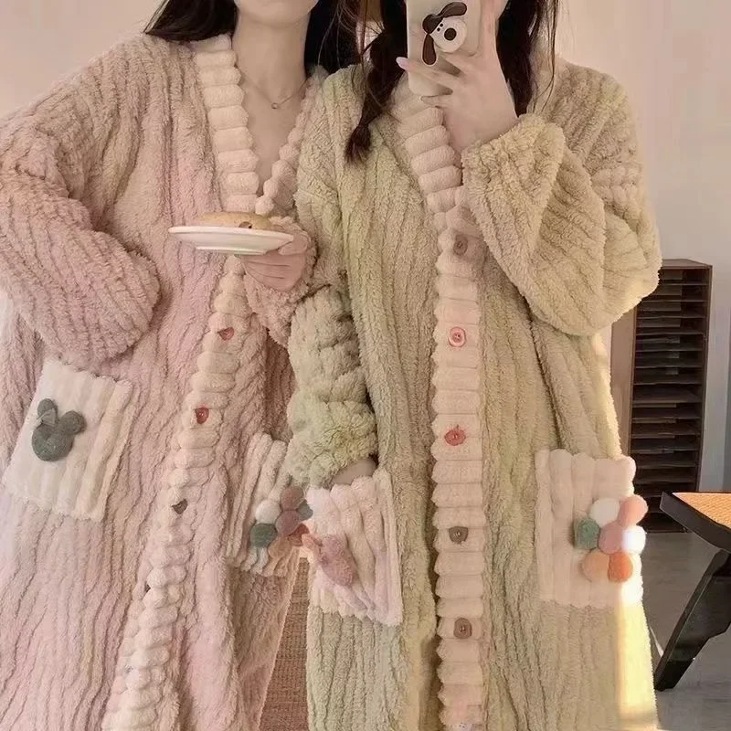 Women's Padded Thickened Warm Robe Winter Long-Sleeved Nightgown Flannel One Piece Pajamas Ladies Large Size Floral Bathrobe