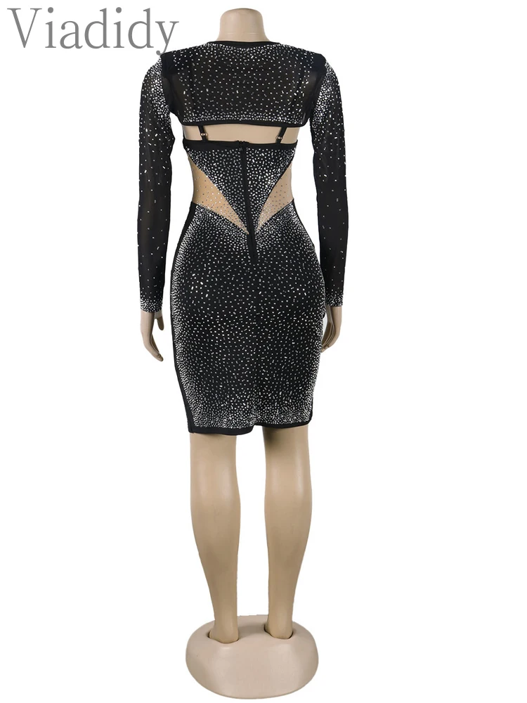 Women Sexy Mesh Rhinestone Slim Long Sleeve Party Dress