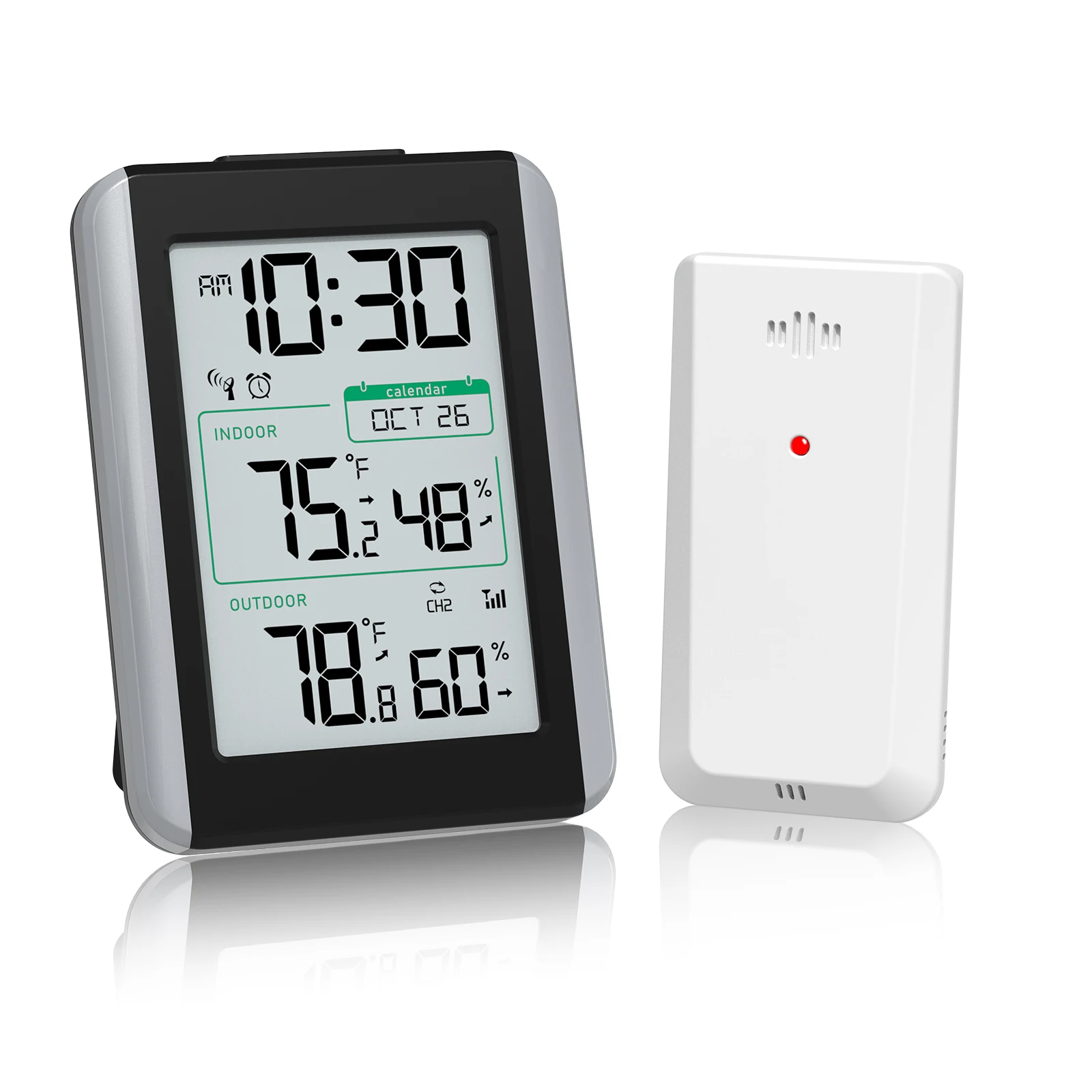 

Home Clock Indoor Outdoor Thermometer Hygrometer 4 Digit Time 1 Sensor Included Low Battery Indicator 10.8x8x2cm