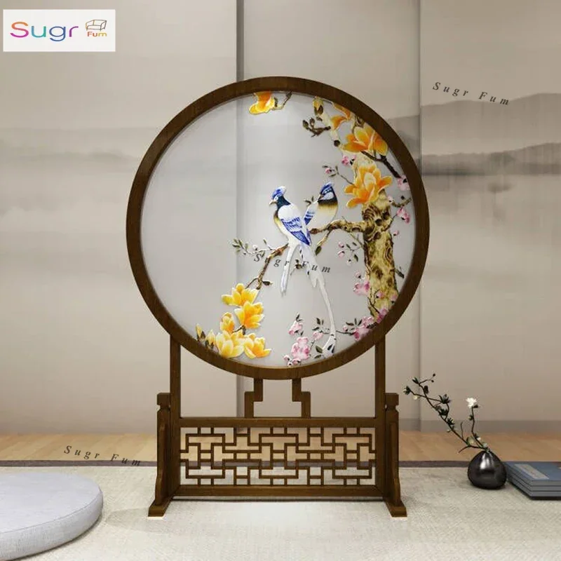 

Китайский заказный цветок и птица из цельного дерева, новый двусторонний экранирующий входной экран, перегородка с вышивкой входной двери