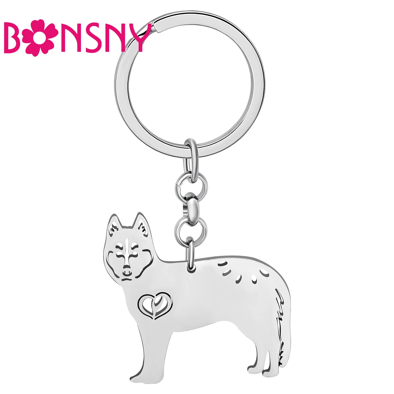 

Bonsny Stainless Steel Silver-plated Siberian Husky Dog Keychains Cut Puppy Pet Key Holder Charms Animals Jewelry For Women