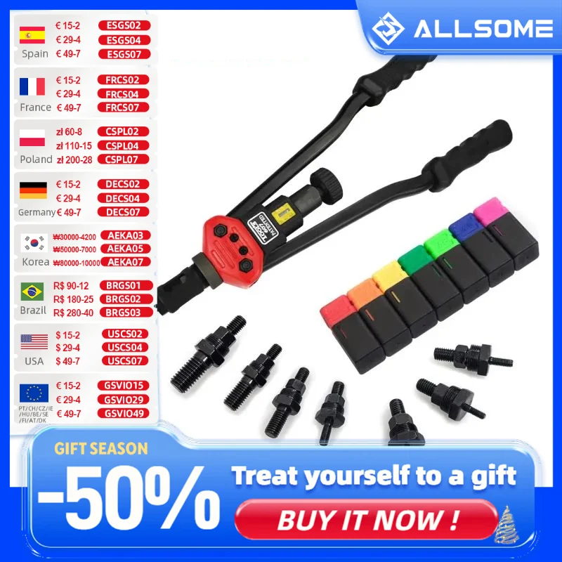 Allsome BT-607 16 "Manual Klinkhamer Gun Hand Klinknagel Tool Kit Klinknagel Moer Setting Tool Moer Setter M3/M4/M5/M6/M8/M10/M12