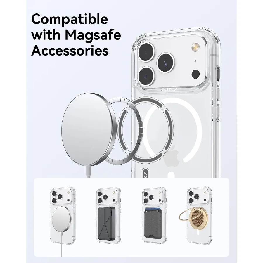 Capa projetada diamante transparente para telefone 17 Pro, compatível com MagSafe, proteção de grau militar à prova de choque, nunca amarela