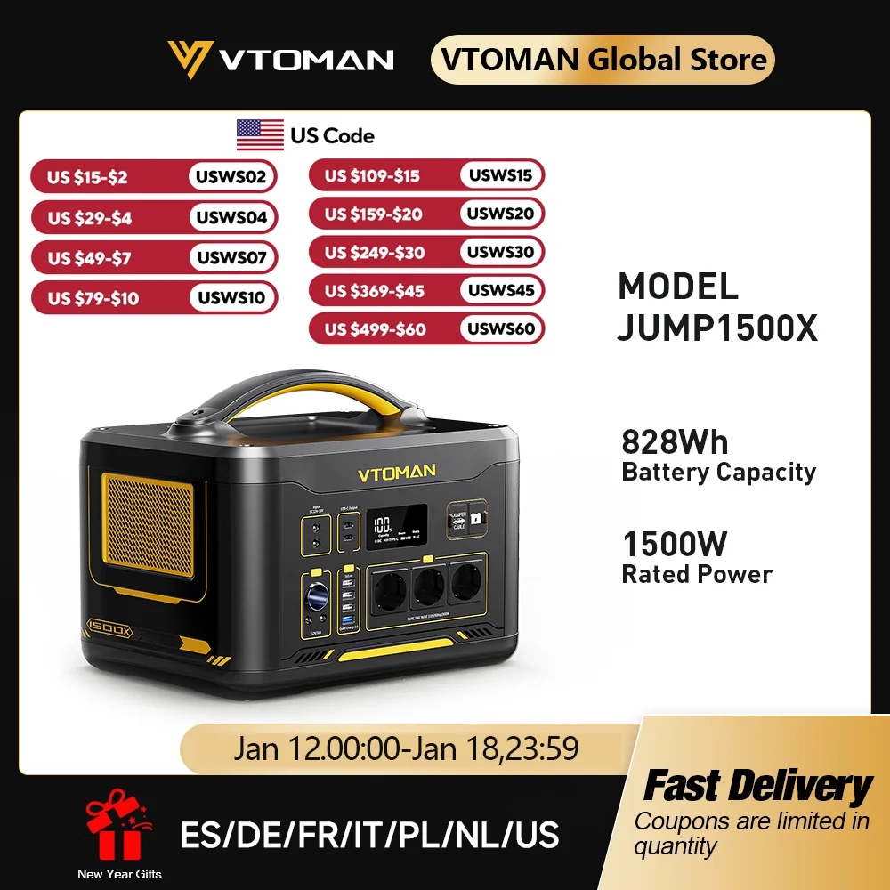 

Портативная электростанция VTOMAN JUMP 1500X, аккумулятор LiFePO4 для кемпинга, 828 Втч, 1500 Вт, розетки переменного тока, солнечный генератор для дома, автофургона на открытом воздухе