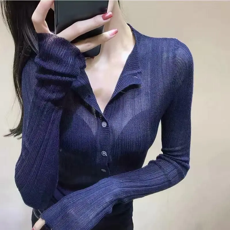 Knitted Sweater Pullover Women Tops Korean Chic Long Sleeve Button Half Open Neck Sexy Slim See-through Thin Y2k Tops