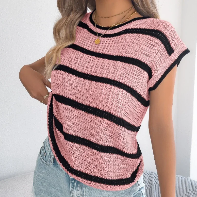 Casual Striped Knitted Pullover for Woman Spring Bat Sleeves Hollow Out Sweaters Fashion O Neck Color Blocking Knitwear Top 2026
