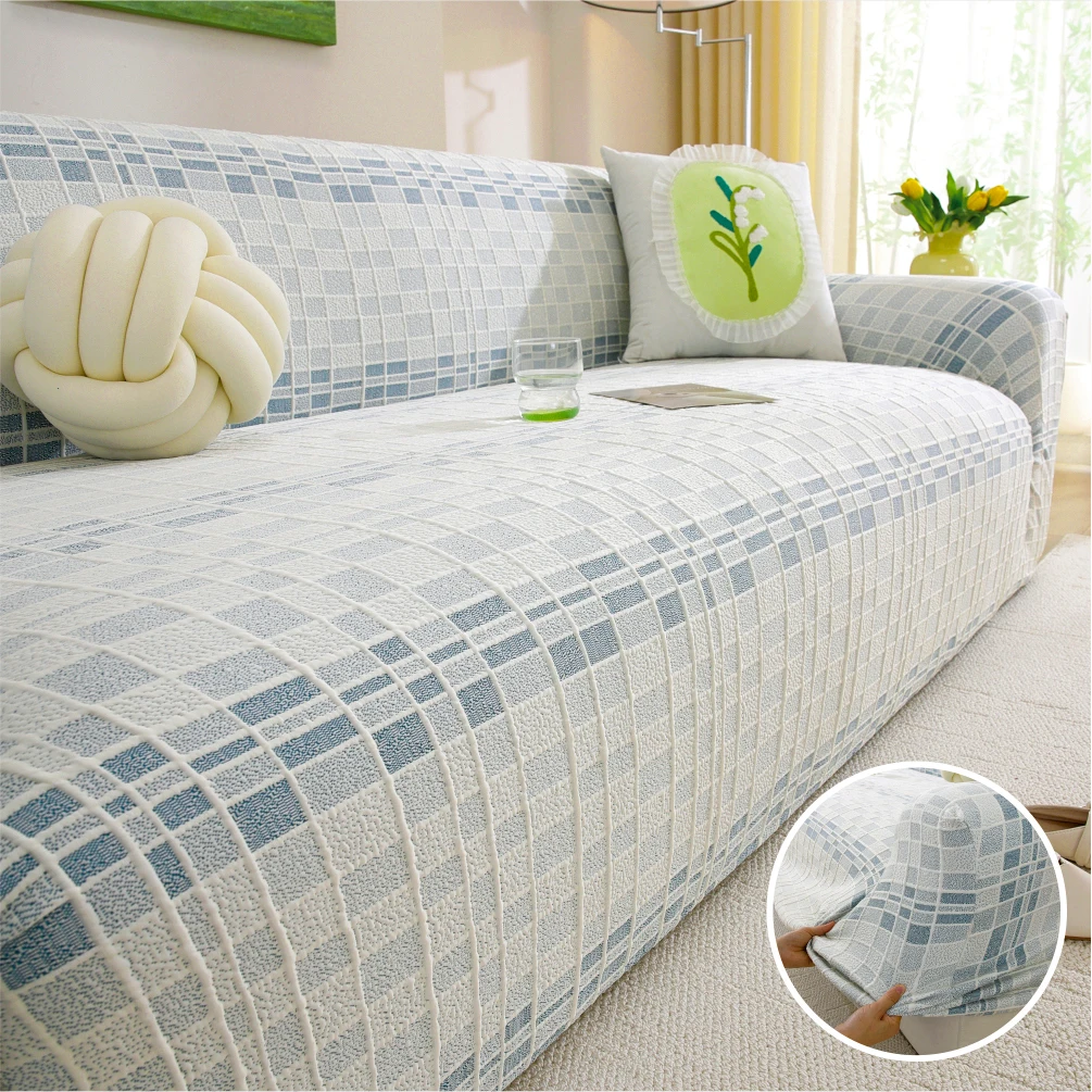 Grid pattern sofa cover with full coverage dust-proof sofa protective cover machine washable high elasticity pet friendly