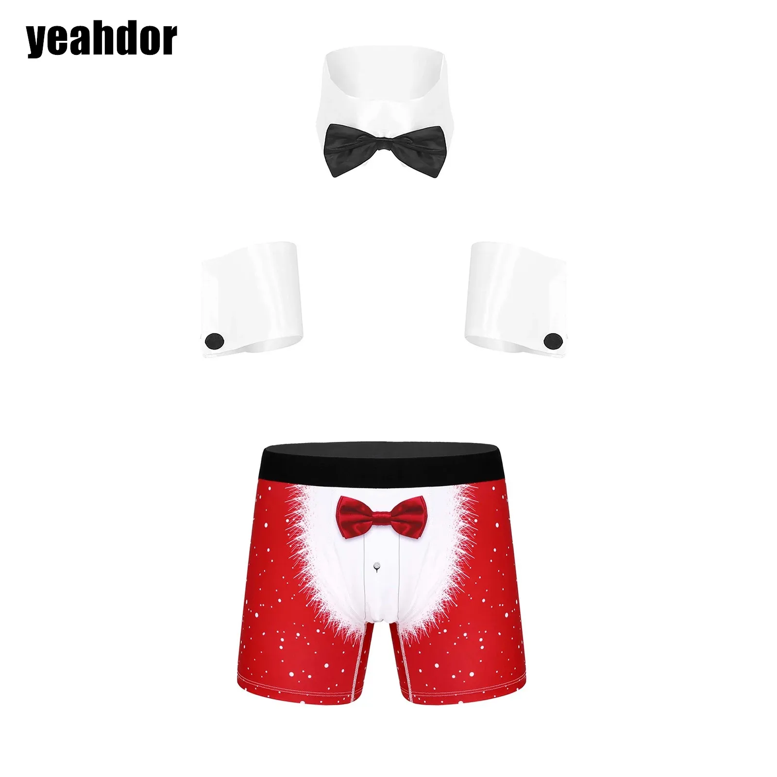 Mens Christmas Costume Shorts Set Elastic Waistband Printed Boxer Shorts with Collar And Cuffs for Cosplay Role Play Theme Party