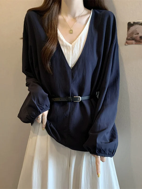 

Женская модная блузка больших размеров с V-образным вырезом, длинными рукавами, поясом на талии, скрывающая живот, в корейском стиле, для повседневной носки, из полиэстера.