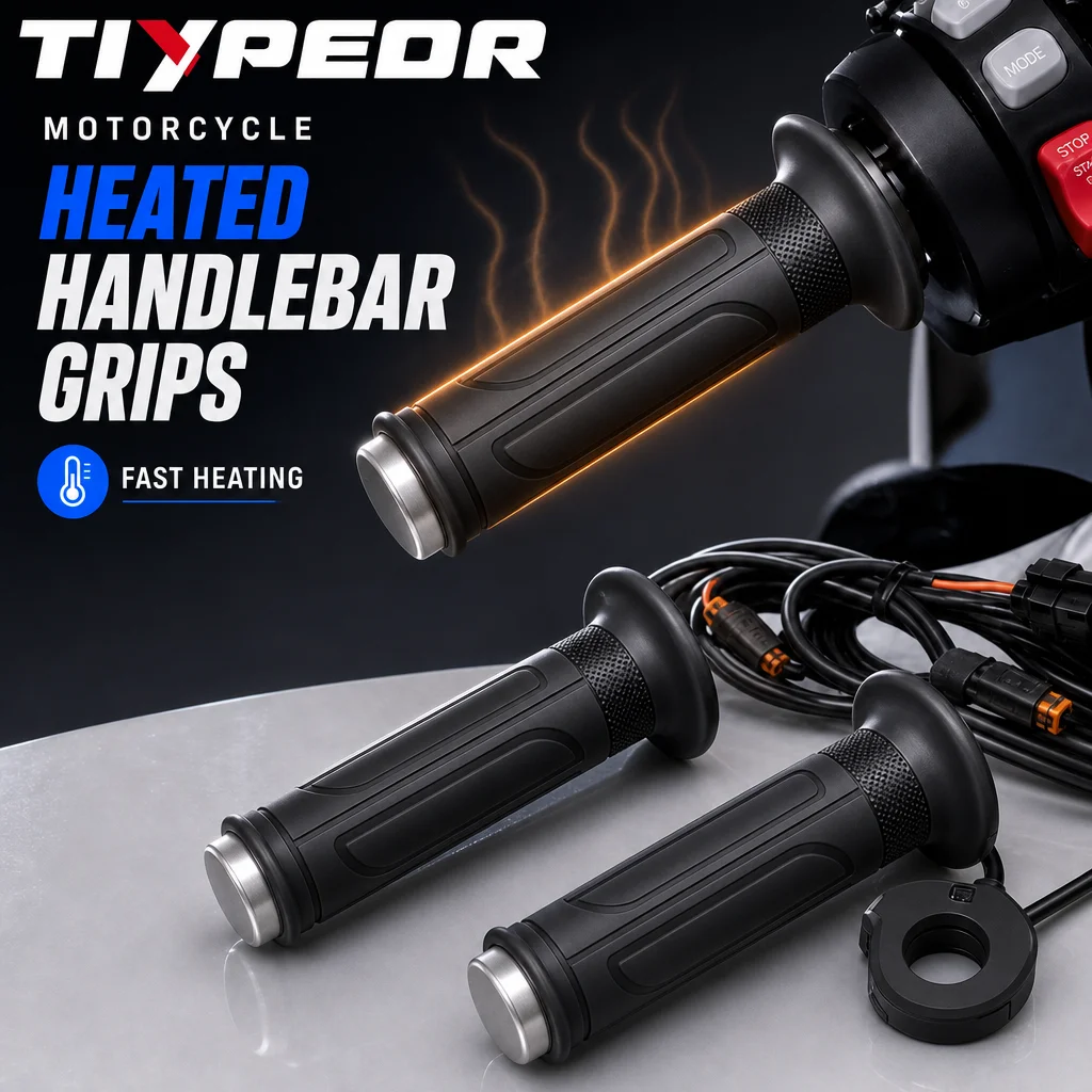 TIYPEOR Motorcycle Heated Grips Kit 5 Levels Adjustable Handlebar Warmer with Memory Function DC 12V 22mm for Scooter ATV Winter