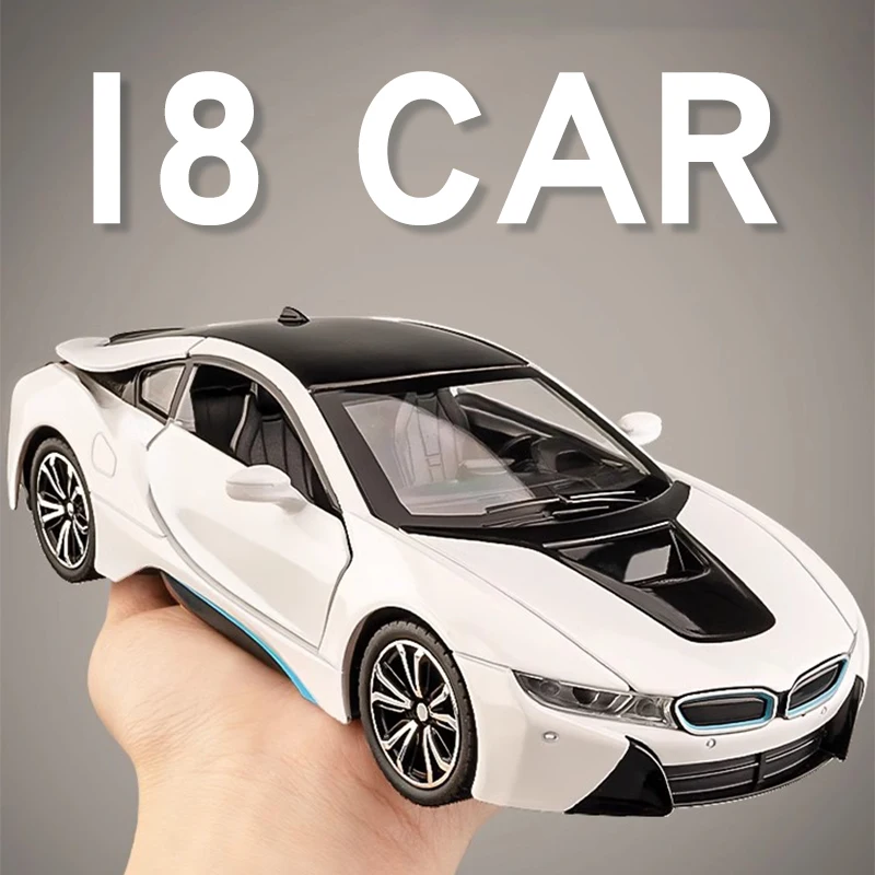 1:22 I8 Simulation Alloy Car Model Diecast Ornament Sound Light Pull Back Function Collection Boys Toys Gifts For Kids