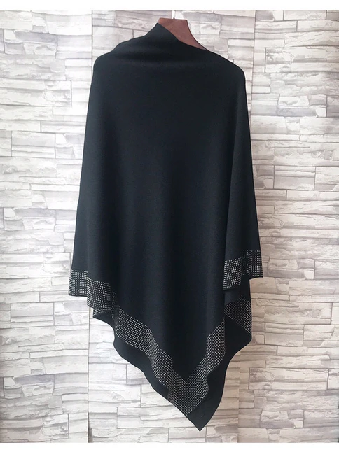 New Autumn Fashion Winter Diamonds Knit Shawl Cloak Loose Plus Size Solid Woman Poncho Cape Pullover Sweater Black