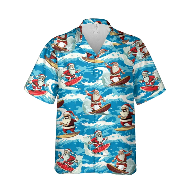 2025 New Santa Claus Surfing 3D Printed Beach Shirt Funny Xmas Design Button Clothing Christmas Unisex Short Sleeve Gift Tops