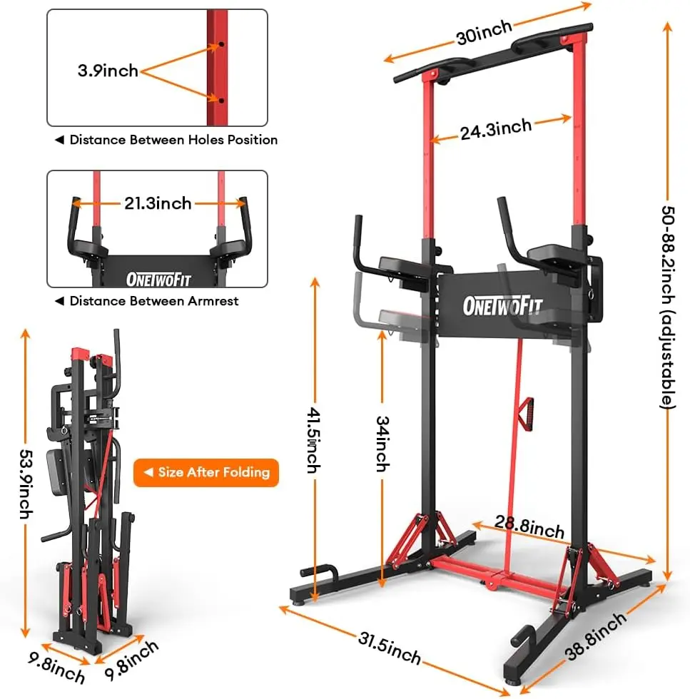 Onetwofit Power Tower Pull Up Bar Station, Multi-Function Adjustable Height Foldable Dip Station For Home Gym Workout, Heavy