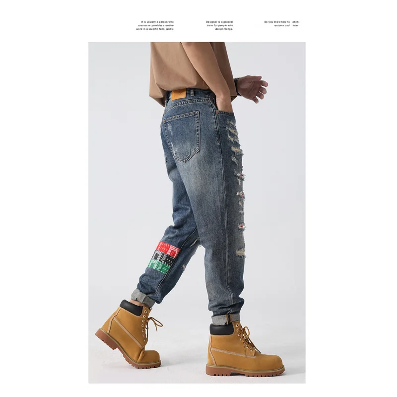 Y2K high street biker gangster handy tide summer hole patch loose jeans small straight large size men's pants