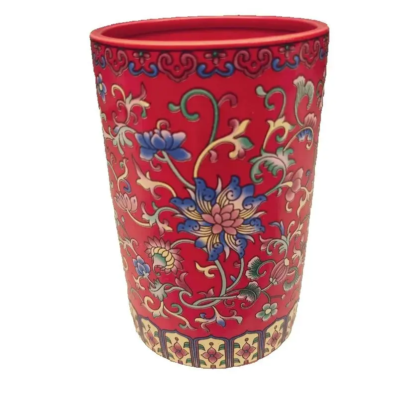 Pastel Red Enamel Lotus Pattern Porcelain Vase and Pen Holder, Chinese Antique Floral Design, Home Decor Accessory