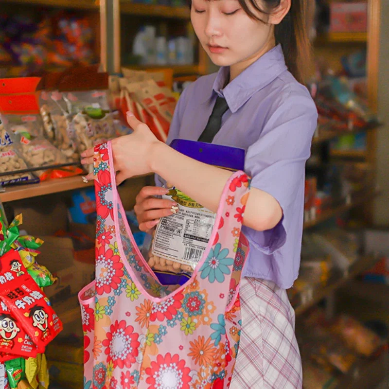 Bolsas de compras de tela plegables reutilizables, bolso de mano portátil, respetuoso con el medio ambiente, gran capacidad, flores, pájaros y gatos