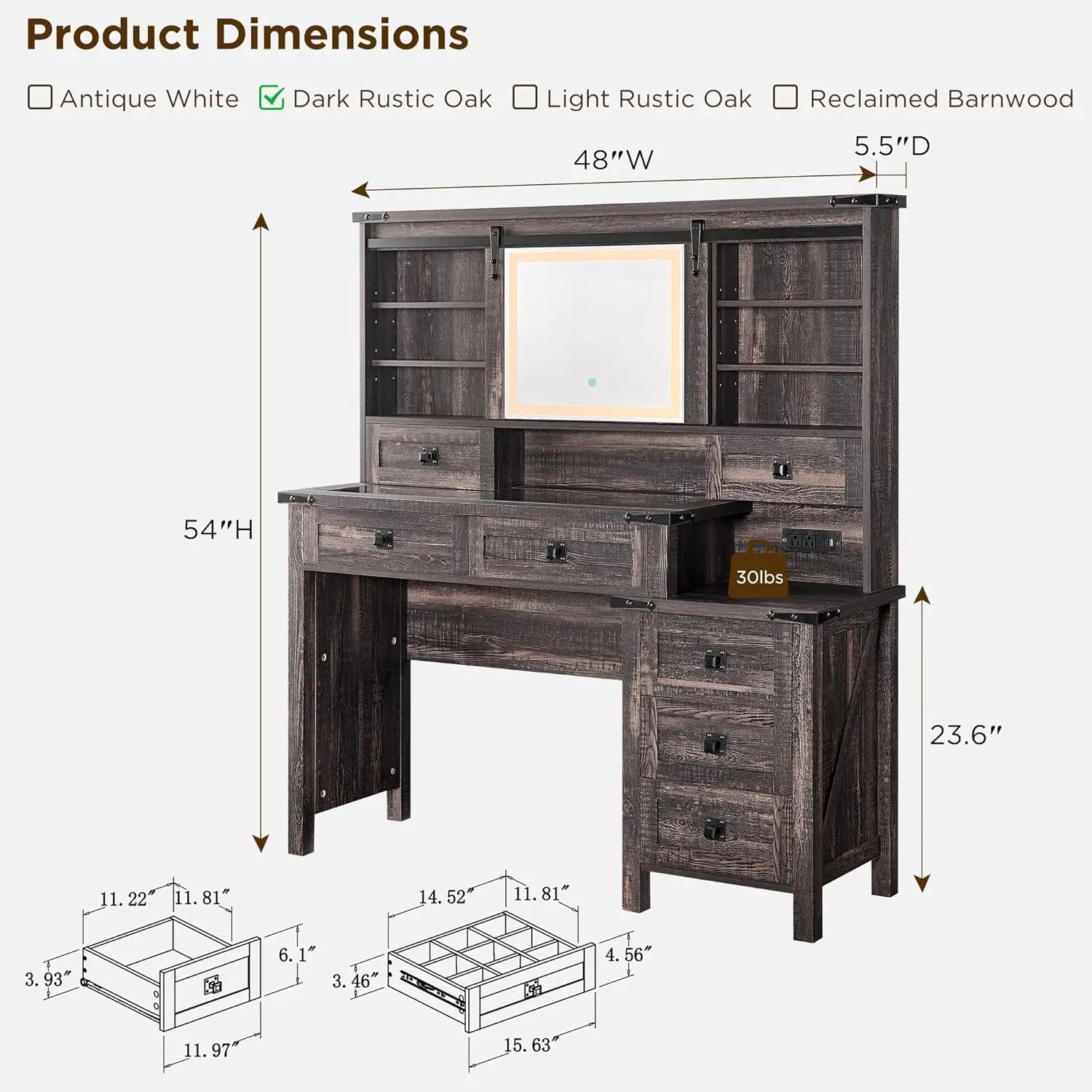 Mesa de vaidade de maquiagem de fazenda de 48 '' com espelho HD deslizante e luzes, grande mesa de vaidade moderna iluminada com 7 gavetas e prateleiras