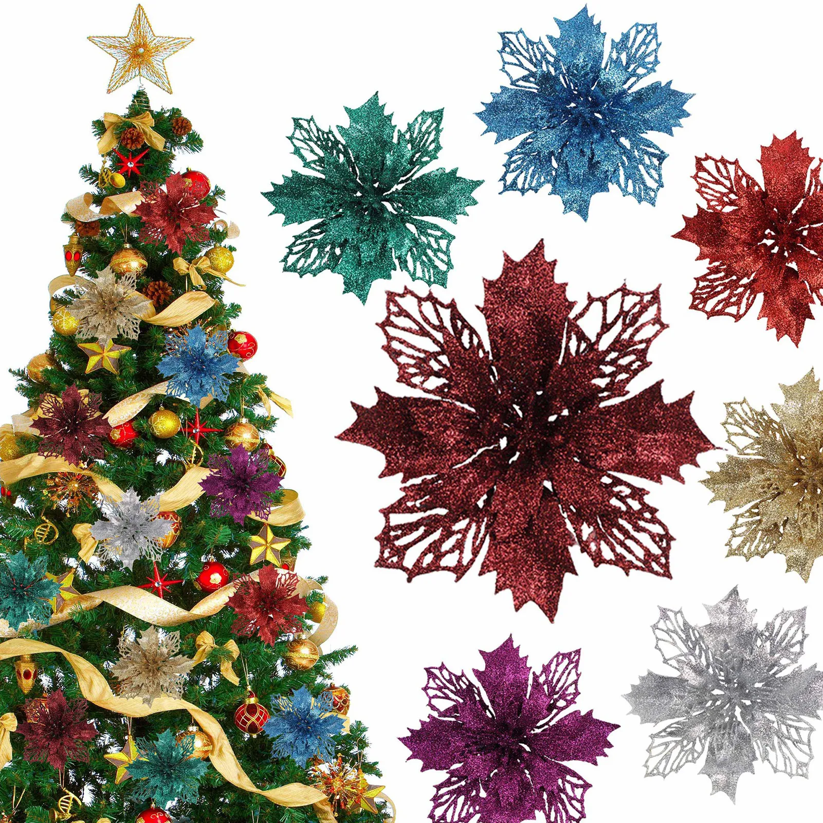 

12pcs 15cm Large Christmas Flower Exquisite Glitter Multi Color Poinsettia Xmas Tree Garland Wreath DIY Flower Accessories 2025
