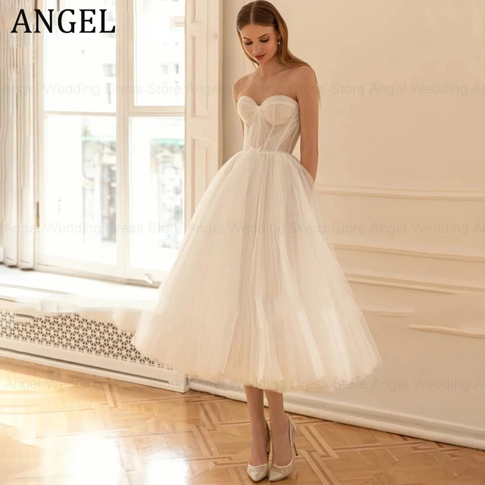 

ANGEL Romantic Strapless Sleeveless A-line Wedding Dress Sexy Backless Short Robe De Soirée Elegant Tulle Bow Bridal Gown