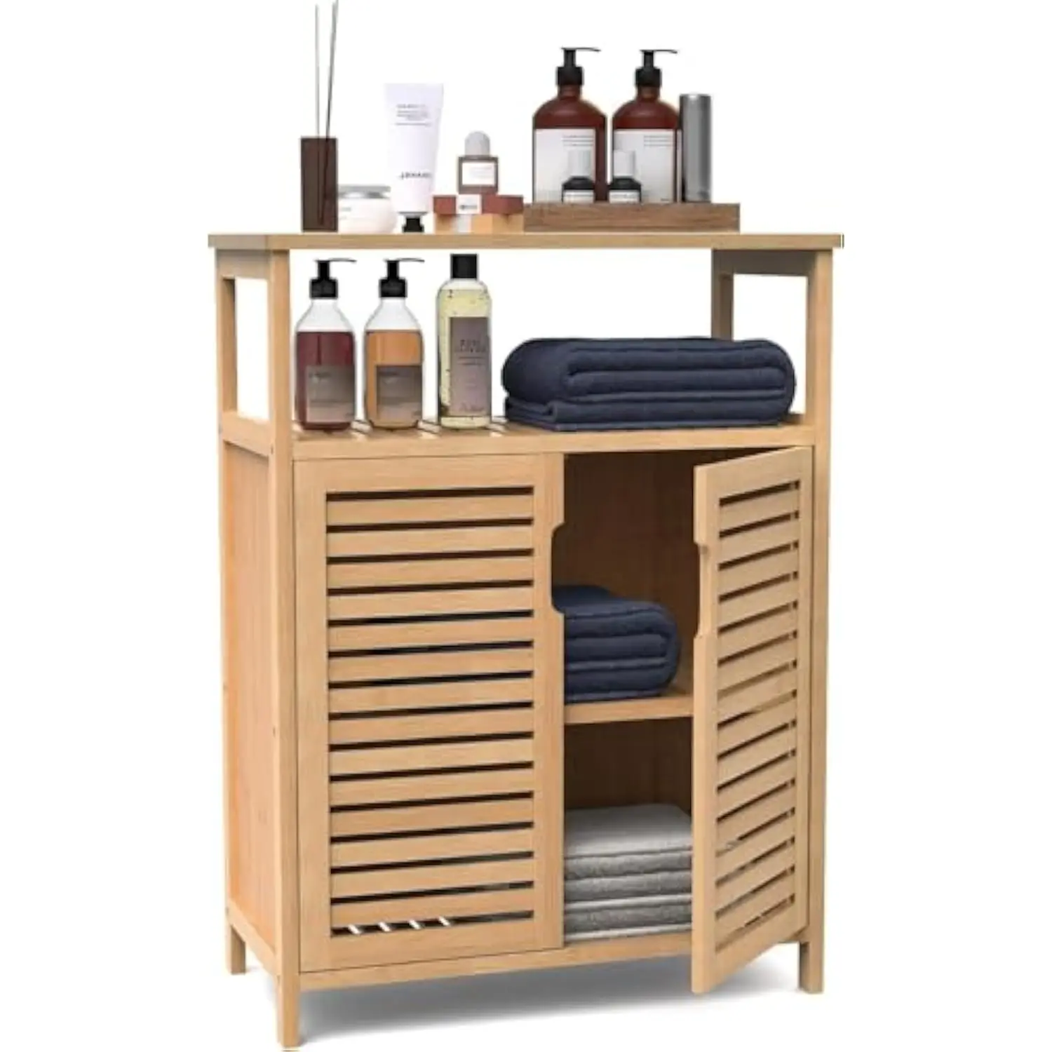 

Bamboo Bathroom Storage Cabinet with 2 Doors, Bathroom Floor Freestanding Cabinets Organizer for Living Room, Kitchen, Entryway