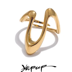 Yhpup Rust Proof Stainless Steel Metal U Shape Fashion Minimalist Adjustable Ring Fashion Jewelry Accessories Real Gold Plated