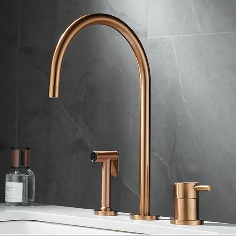 Rose Gold Basin faucet with Hand Shower Head three holes Widespread bathroom faucet sink tap 360 rotating widespread basin Tap