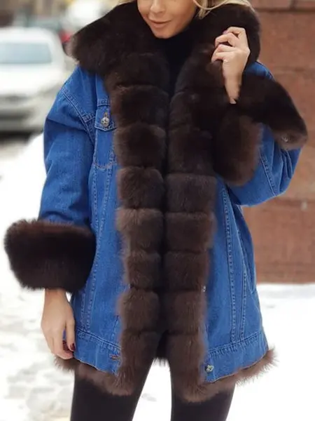 2023ผู้หญิงฤดูหนาว Faux Fur Hooded สุภาพสตรี Warm Thicken DENIM ปุ่ม Outwear ผู้หญิงแฟชั่นแบบลำลอง Overcoat