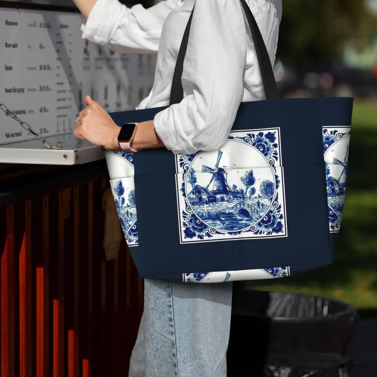DUTCH BLUE DELFT Vintage Windmill And Bridge Print Beach Tote Bag Sport Gym Yoga Duffle Large Tote Bag Women Travel Bag
