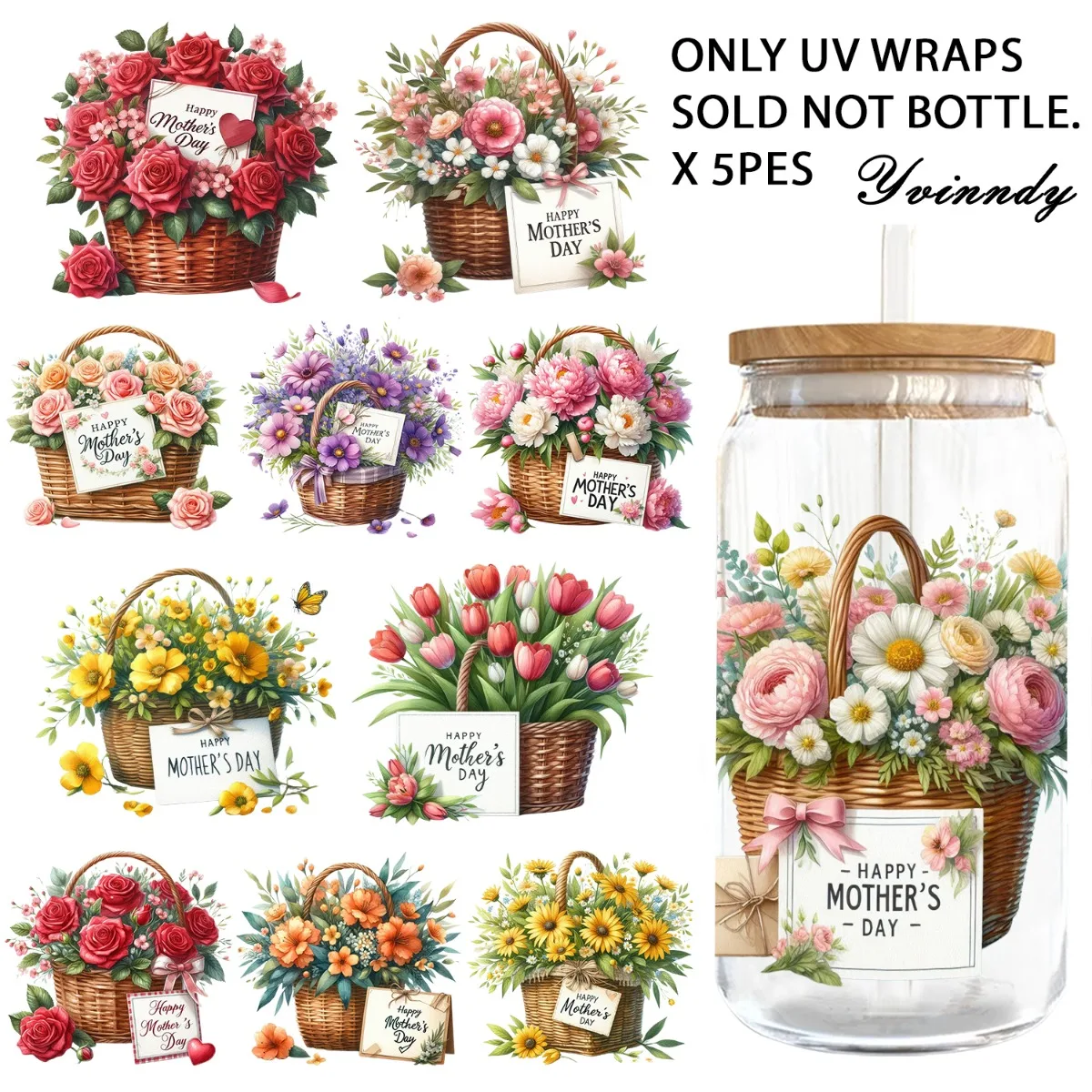 5 Stück/Set mit 16OZ Motiven zum Muttertag, Blumen und Blumenkörbe, UV-DTF-Design, geeignet für Tassendekoration, Geschenkhersteller, ohne Tasse.