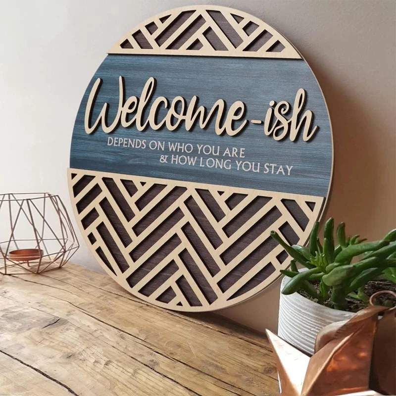 3D Welcome Hanging Sign Plaque For Front Door Wall Decor, Funny Welcome-Ish Wooden Hanger, Rustic Minimalist Wood Durable