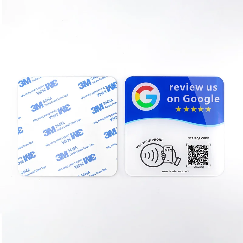 Google Review Tap NFC Stand NTAG215 13.56MHz Acrylic Table Sign 1.8mm 3M Adhesive Dynamic QR Code for Business