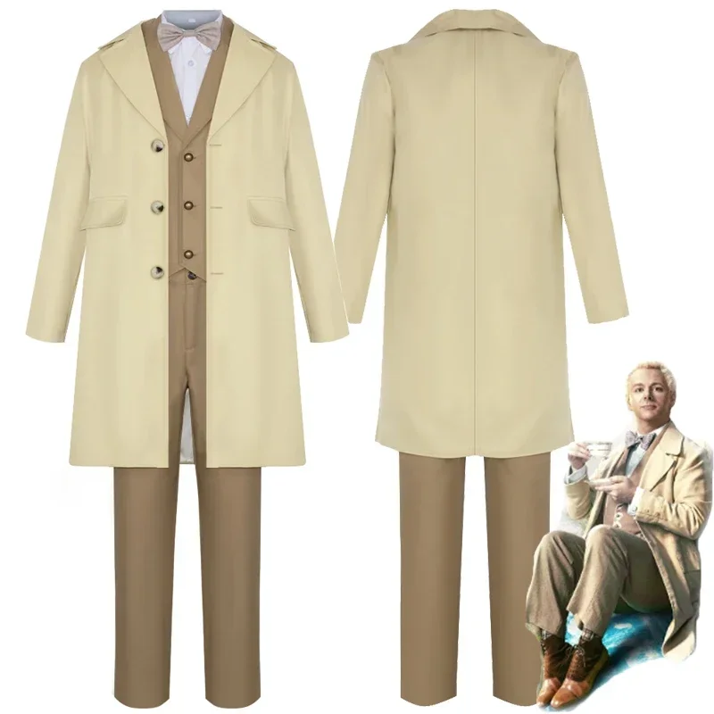 TV Good Omens Aziraphale Cosplay Costume Adult Unisex Coat Shirt Pants Suit Halloween Outfit Uniform Party