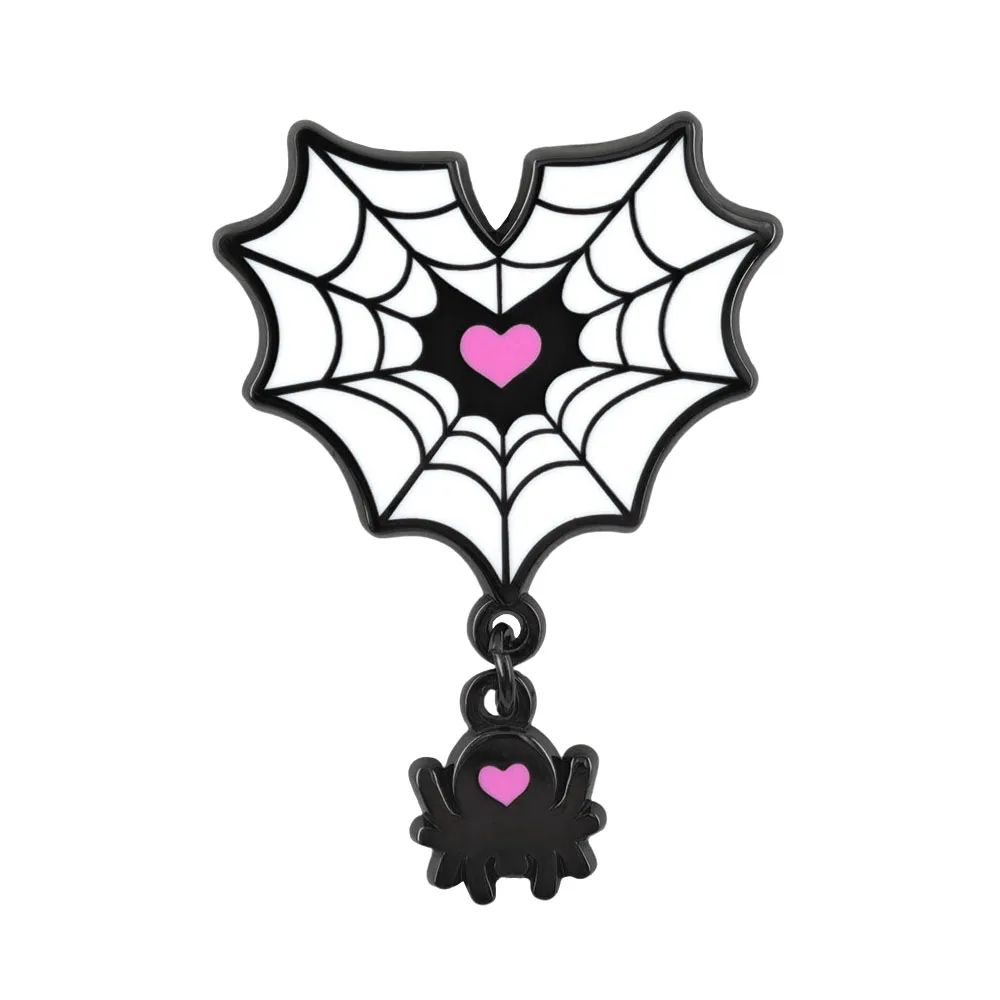 Goth-Herz-Spinnennetz-Brosche, rosa Herz-Metallabzeichen, hängende Spinnen-Emaille-Pin, Y2K-Punk-Schmuck, Halloween-Geschenk – Detail 1