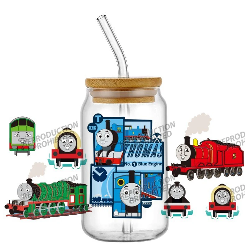 الكرتون قطار توماس UV DTF نقل ملصق ل 16 أوقية كوب يلتف الزجاج ليبي يمكن زجاجة ذاتية اللصق قابل للغسل لتقوم بها بنفسك الشارات المخصصة