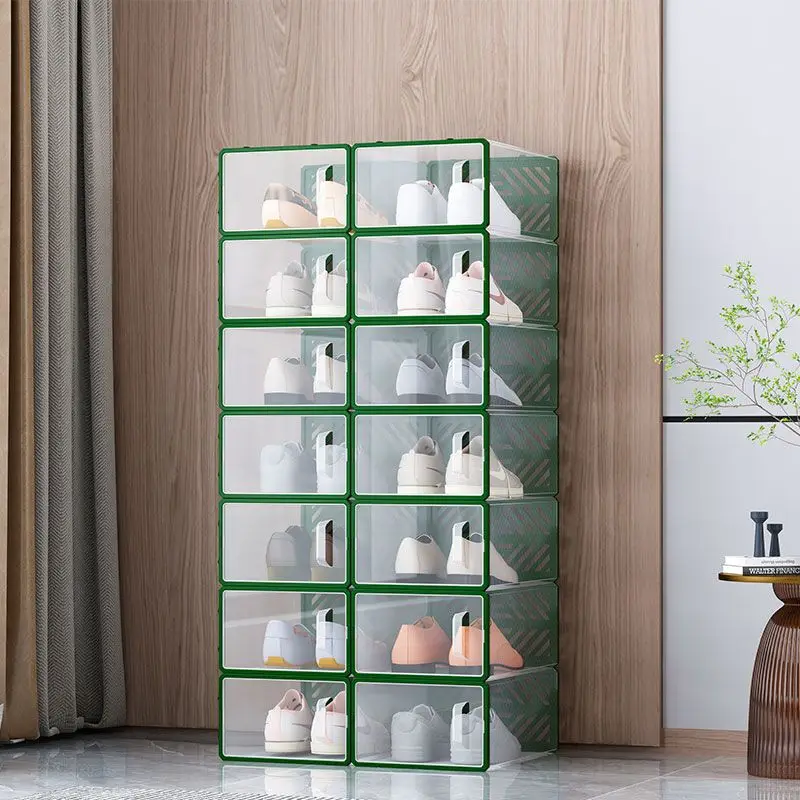 14 Pcs Green Frame Clear Shoe Storage Boxes Stackable Foldable Shoe Organizer Bins With Ventilation For Closet Entryway Bedroom