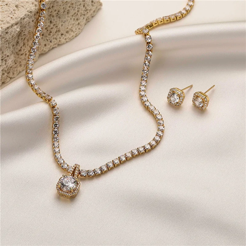 HECHENG,Crystal Square Necklace Earrings Studs Luxury Wedding Engagement Reception Jewelry Set for Lover