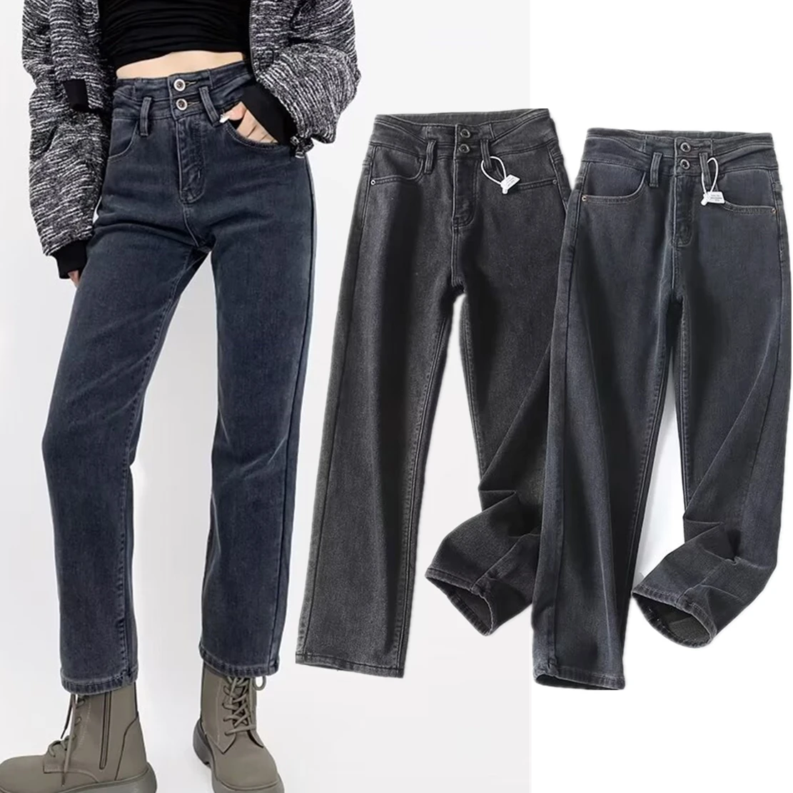 

Jenny&Dave Solid Simple Casual Fleece Denim Pants Trousers Women Retro High Waisted Single Breasted Plush Jeans For Winter