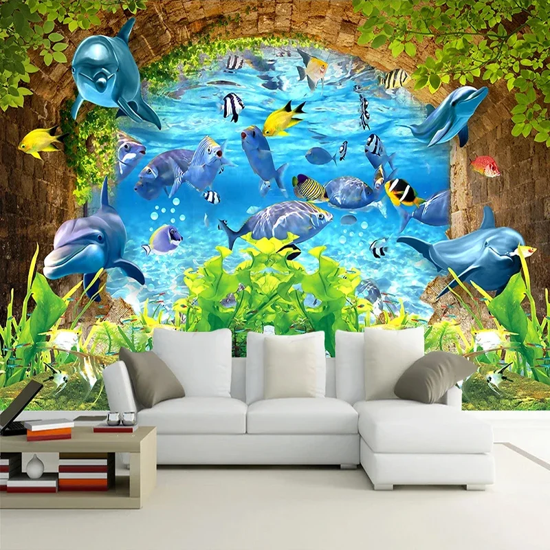 Underwater World Ocean Dolphin Fish Custom 3D Photo For Kids Room Bedroom Kindergarten Cartoon Decoration Mural Wall Wallpaper