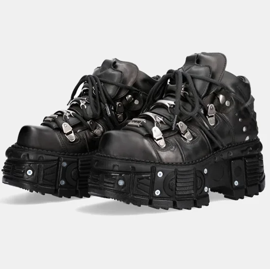 Retro Spanish Tank-soled Metal High-top Shoes, Cowhide Thick-soled Small Leather Shoes, Dark Punk Sponge Soles for Women