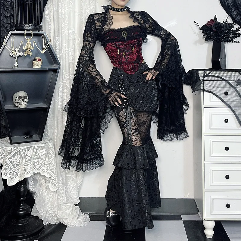 Gotické černé krajkové síťované průsvitné rozšířené rukávy, vintage elegantní estetické přehozy pro ženy, podzimní nová móda - náhled 5