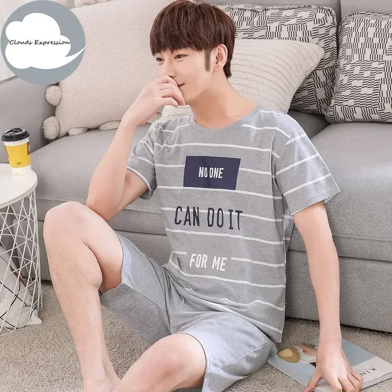 Summer Knitted Cotton Short Sleeved Men\'s Pajamas Sets Male Pajama Set Letter Pajama For Men Sleepwear Suit Homewear Size xXXXL