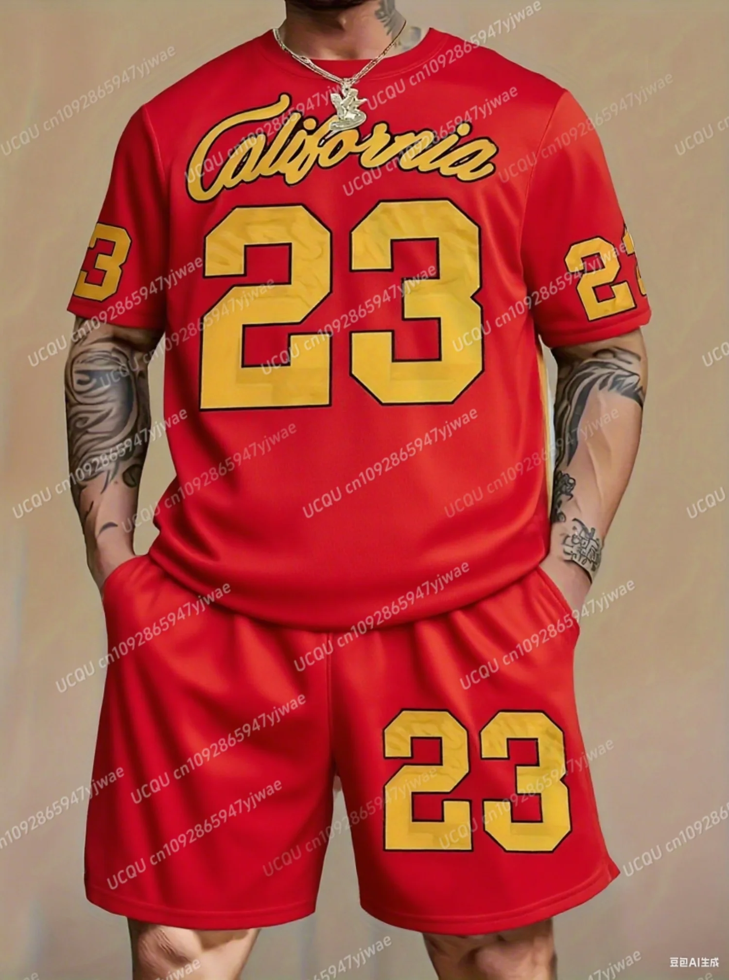 

2025 Summer NO.23 California Print Men's Tracksuit 2 Pieces Set Casual Sport T-Shirt Shorts Set Men's Jogging Men Clothes