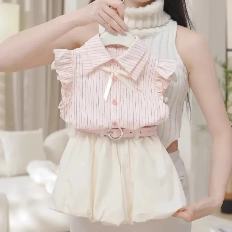 

Set Children Girl Summer New Style Stripe Flutter Sleeve Bow Shirts Solid Tulip Shorts Sweet Fashion Casual Brief Korean
