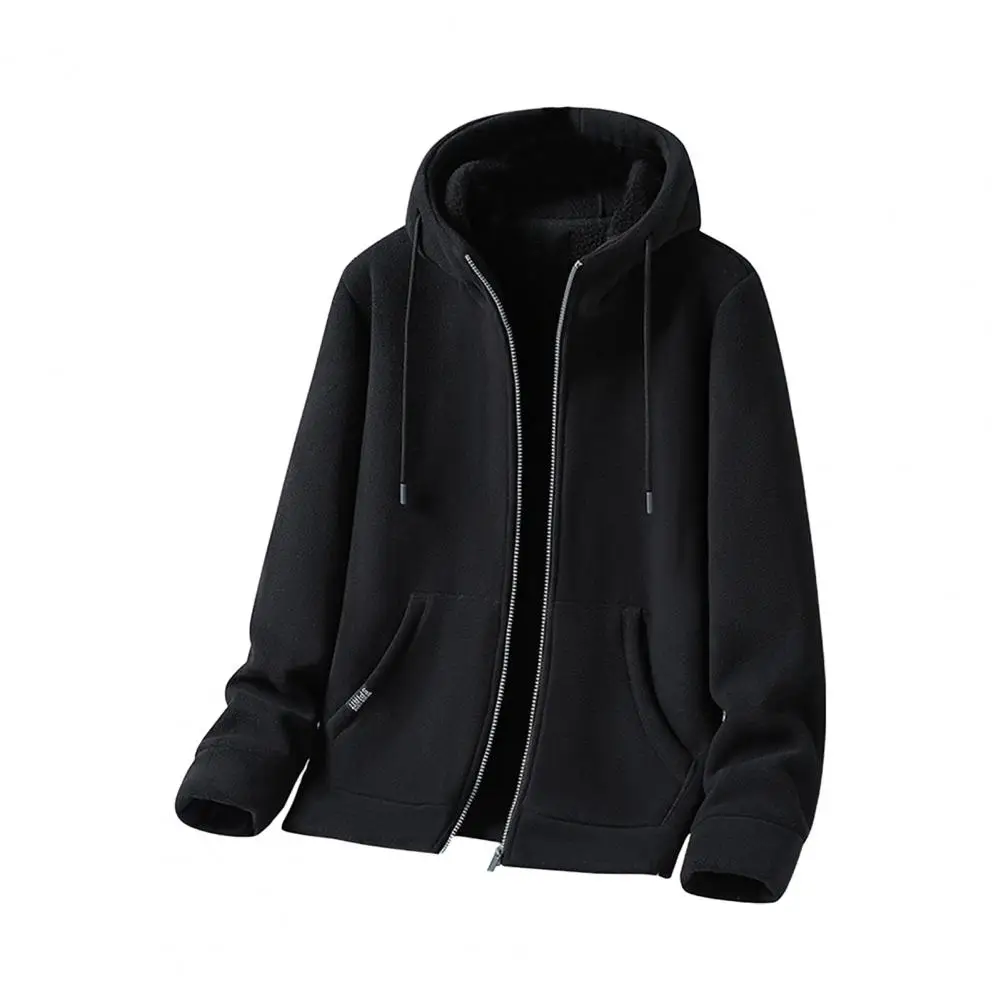 Men Polyester Coat Men's Hooded Zipper Closure Winter Coat with Drawstring Thick Warm Cardigan Jacket for Daily Wear Men Long