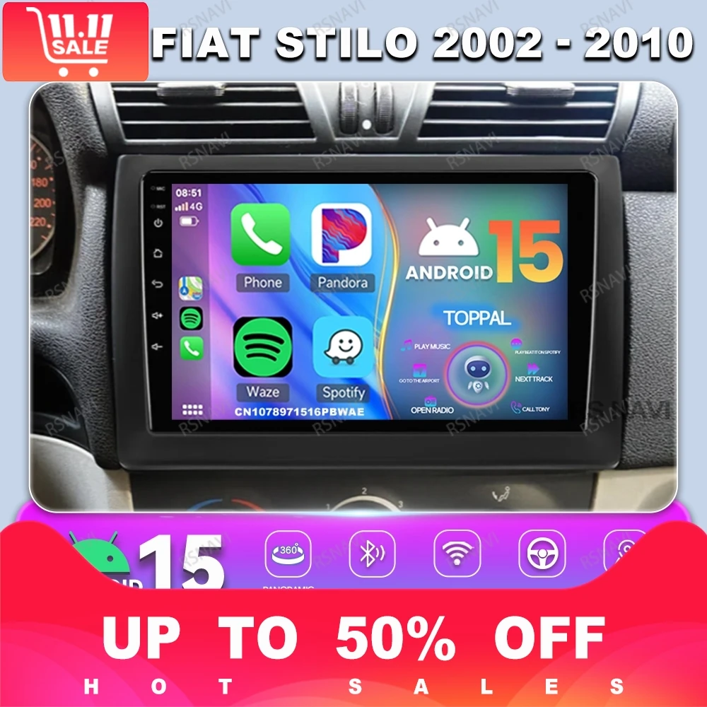 Car Radio Android 14 For  Fiat Stilo 2002 - 2010 Qualcomm WIFI+ 4G LTE BT RDS DVD IPS Snapdragon Multimedia AI Voice 8 Core QLED
