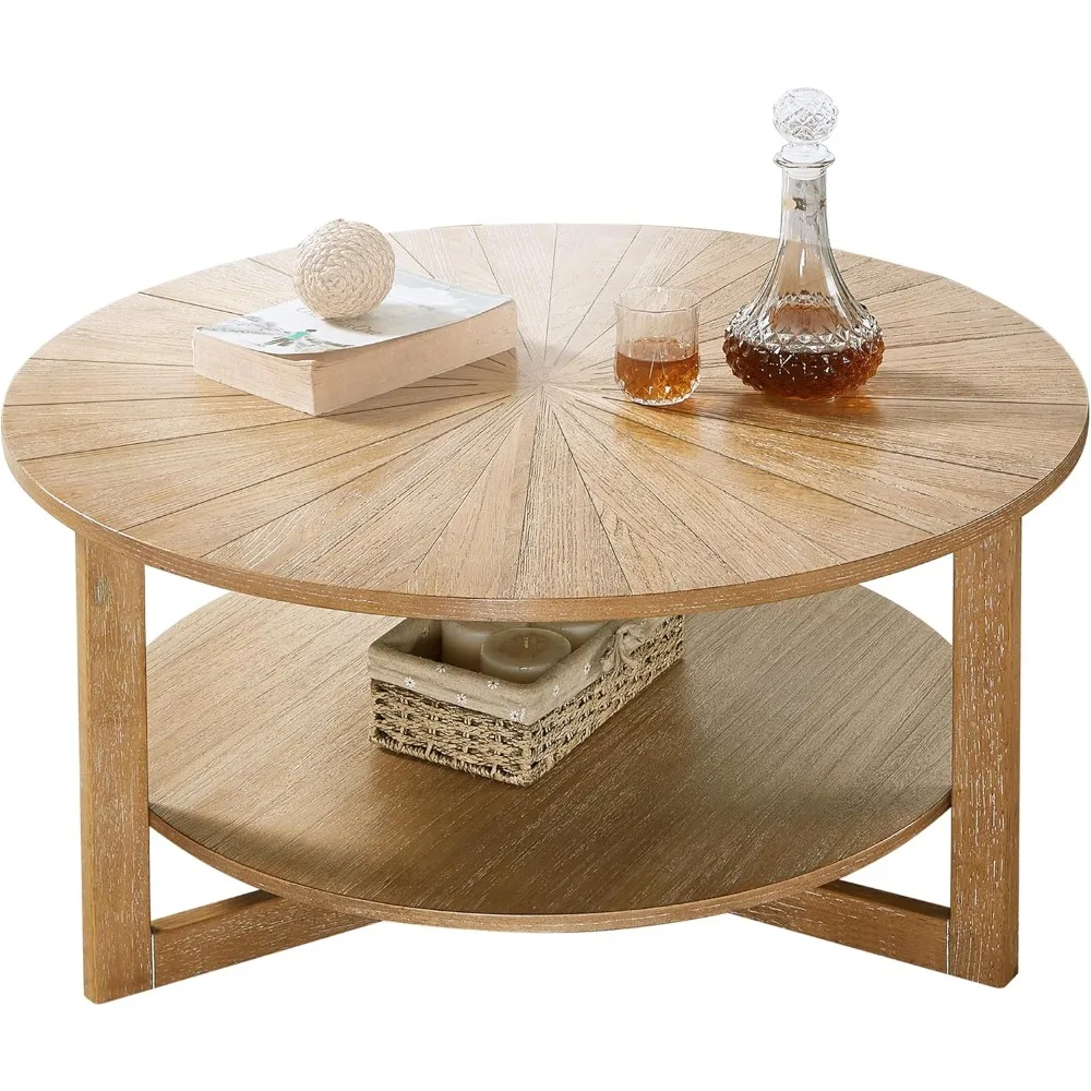 

Coffee Table, 35 Circle Wood Coffee Table with Storage Shelf, 2 Tier Center Table for Living Room Apartment Home Furniture