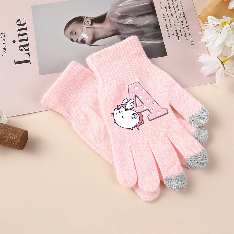 Pusheen Gloves Boys Girls Anime Fat Cats Letter A-Z Screen Gloved Kids Winter Warm Fashion Accessories Children Birthday Gift