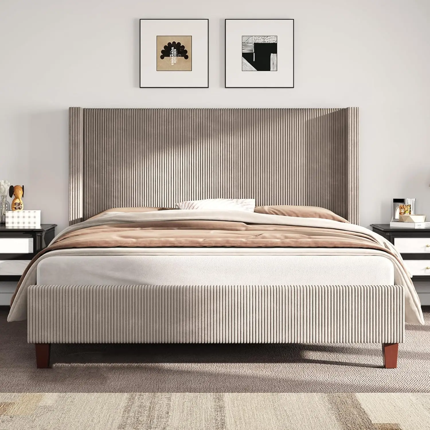 Queen Size Upholstered Bed Frame with Headboard, Wingback Platform Bed with Solid Wood Legs